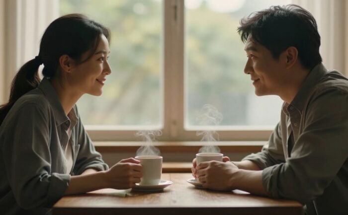 A smiling couple touches hands across a small table beside a steaming mug.