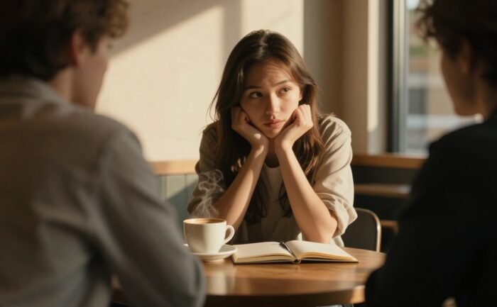 A young woman listens across a café table with coffee and an open notebook.