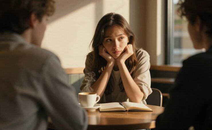 A young woman listens across a café table with coffee and an open notebook.