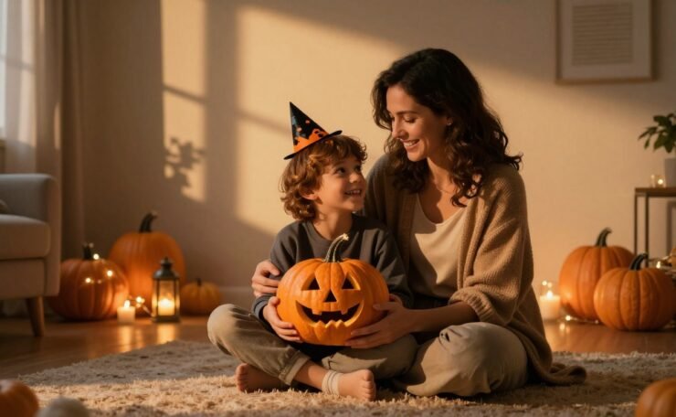 Mother and child sit together as the child holds a tiny carved pumpkin.