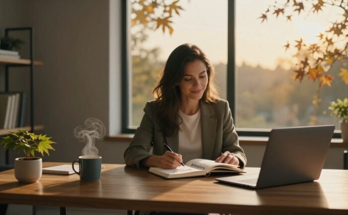 Woman writing affirmations at a desk beside a sunny window.