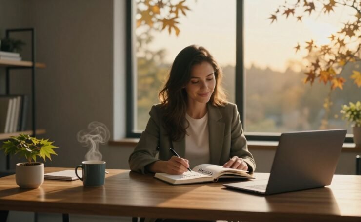 Woman writing affirmations at a desk beside a sunny window.