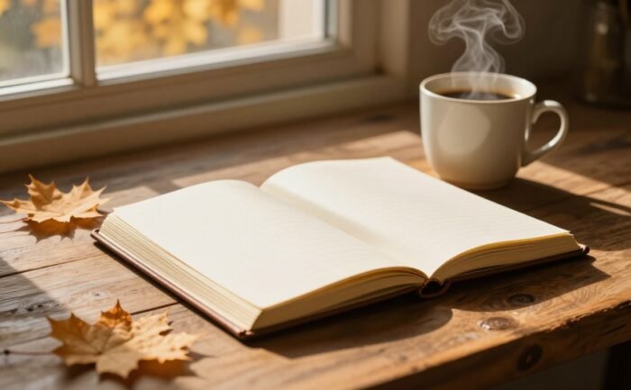 An open journal, coffee mug, and maple leaves rest on a sunlit wooden desk.