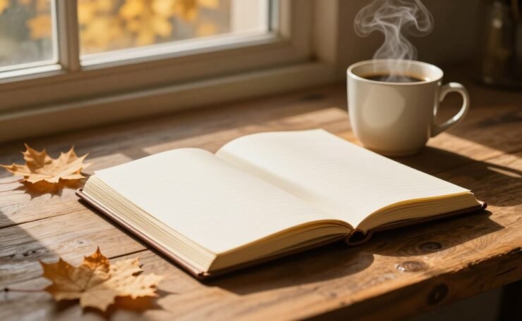 An open journal, coffee mug, and maple leaves rest on a sunlit wooden desk.