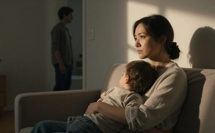 A mother holds her toddler on a sofa as a man stands apart near the doorway.