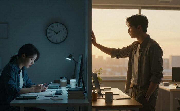 A cluttered desk contrasts with an organized workspace and person reaching for a planner.