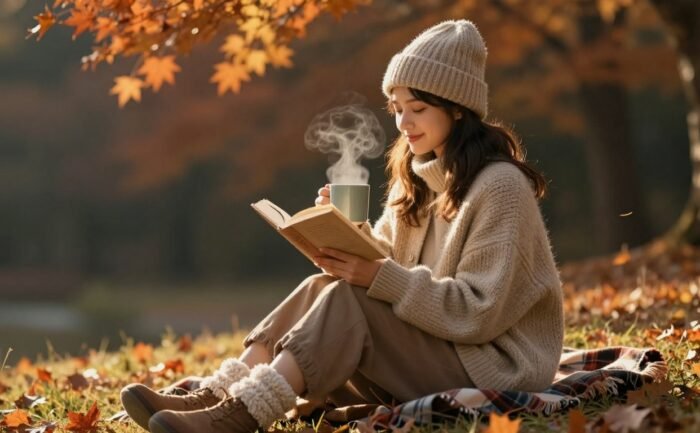 Smiling woman reading with a mug on a blanket beneath autumn leaves.