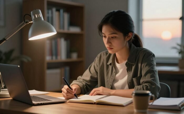 College student studying with a notebook, laptop, coffee, and planner under a warm desk lamp.