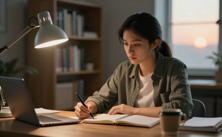 College student studying with a notebook, laptop, coffee, and planner under a warm desk lamp.
