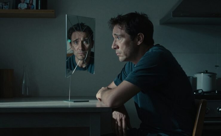 A worried man sits beneath a dim light beside a cracked mirror.