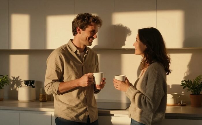 A couple laughs together while sharing coffee in a warm, sunny kitchen.