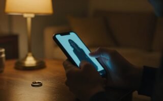 A man holds a glowing phone beside a wedding ring.