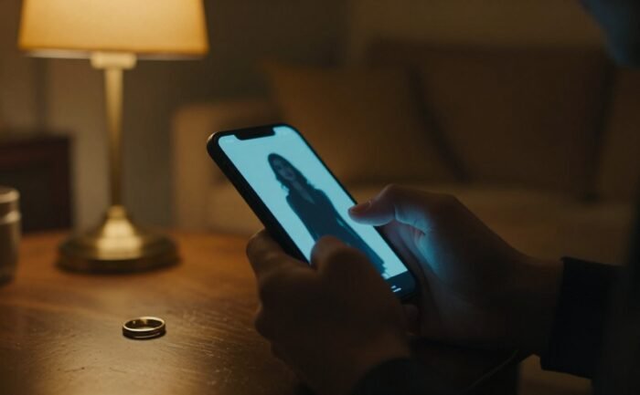 A man holds a glowing phone beside a wedding ring.