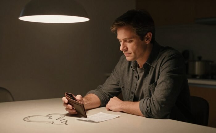 A worried husband holds a wallet beside an unpaid bill at a dim kitchen table.