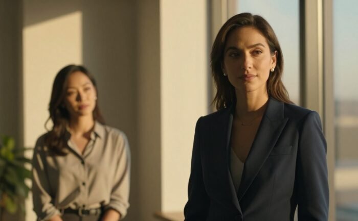 A woman in a navy blazer stands by a window as another woman watches.