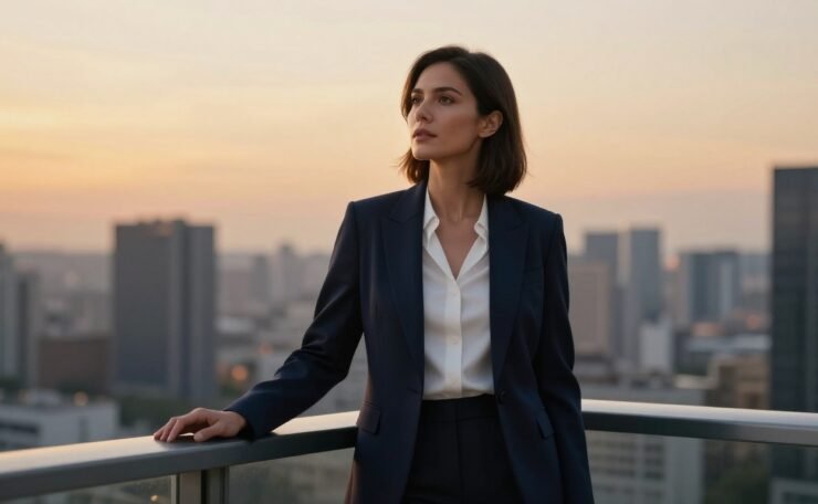 A woman in a navy blazer stands on a balcony overlooking the city at sunset.
