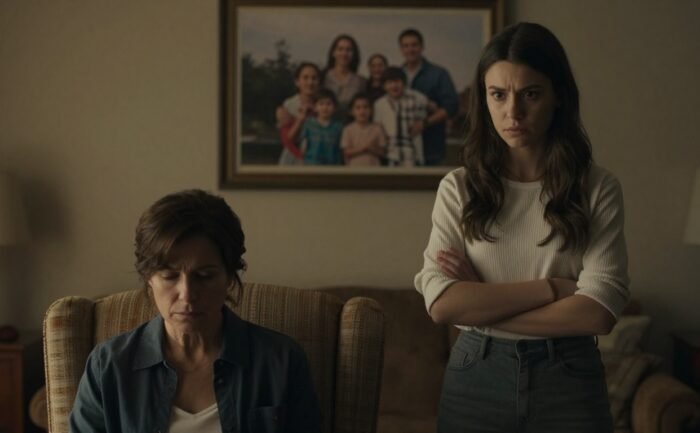 A young woman confronts her tired mother in a dim, muted living room.