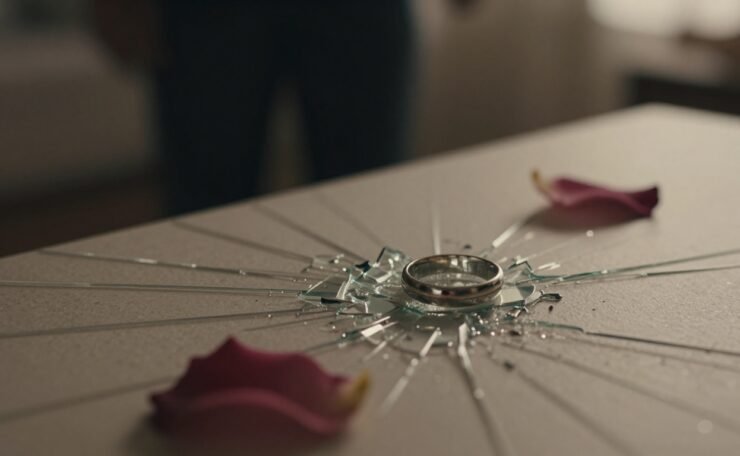 A broken wedding ring lies among glass shards beside a wilted rose petal.