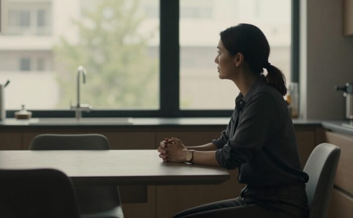 A woman sits alone at a kitchen table, looking toward a window beside an empty chair.