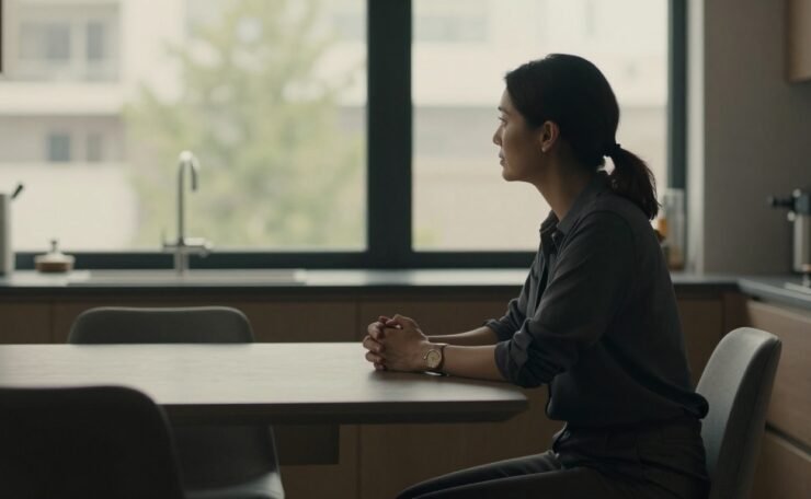 A woman sits alone at a kitchen table, looking toward a window beside an empty chair.