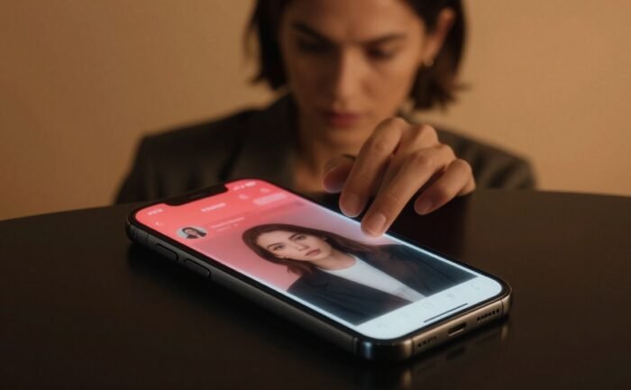 A woman examines a dating profile glowing red on a smartphone in a dim café.