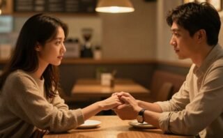 A couple holds hands across a café table while looking at each other.