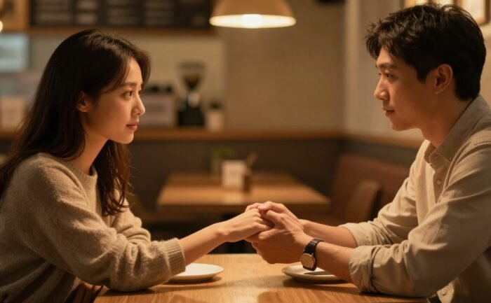 A couple holds hands across a café table while looking at each other.
