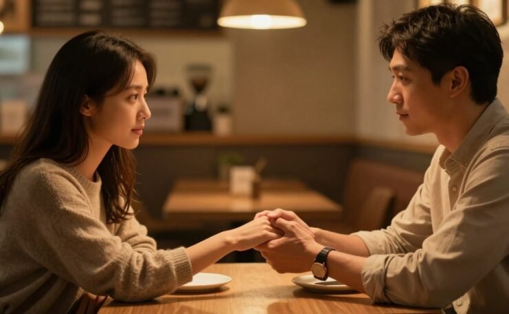A couple holds hands across a café table while looking at each other.