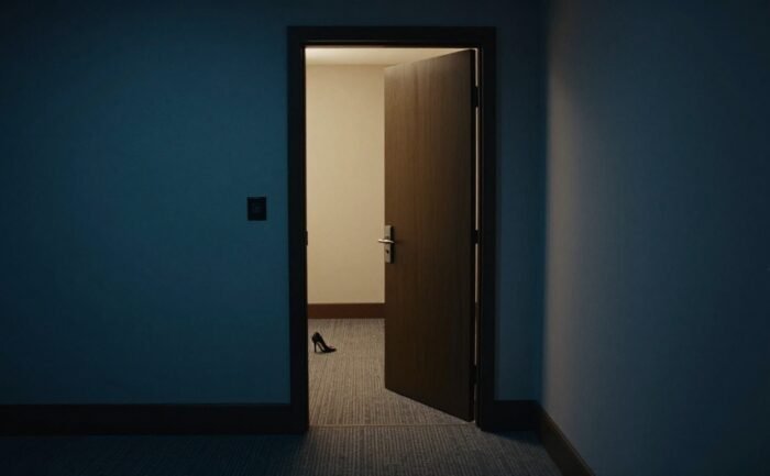 A dim hotel hallway with an open glowing door and high heels on the carpet.