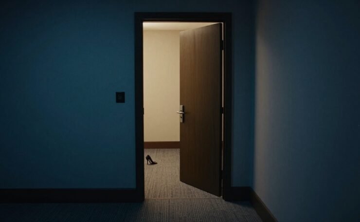 A dim hotel hallway with an open glowing door and high heels on the carpet.