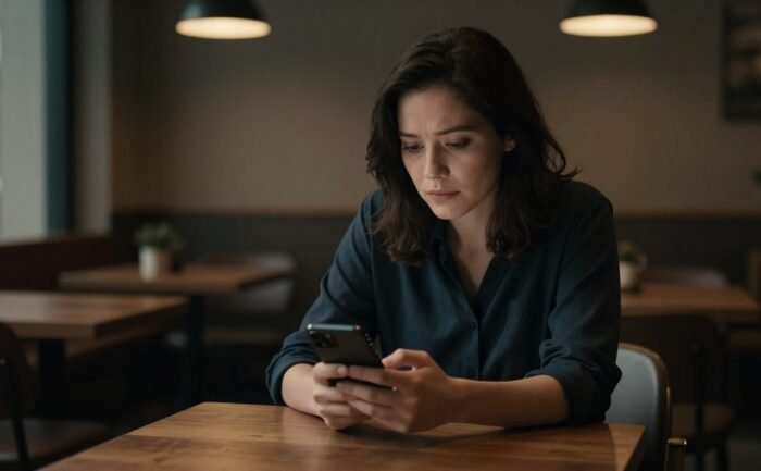 A woman looks down at a silent phone in a dim coffee shop.