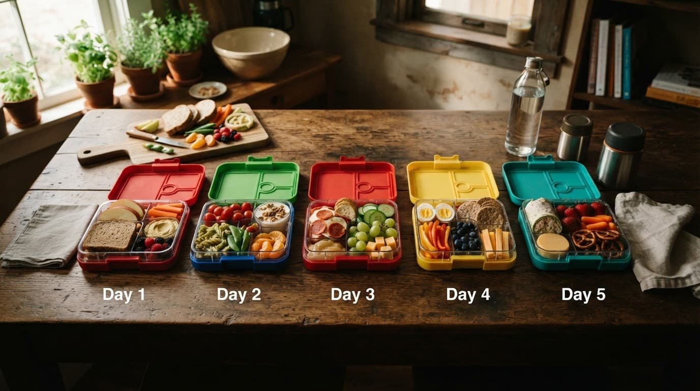 Five colorful lunch boxes with fruit, sandwiches, and vegetables on a wooden table.