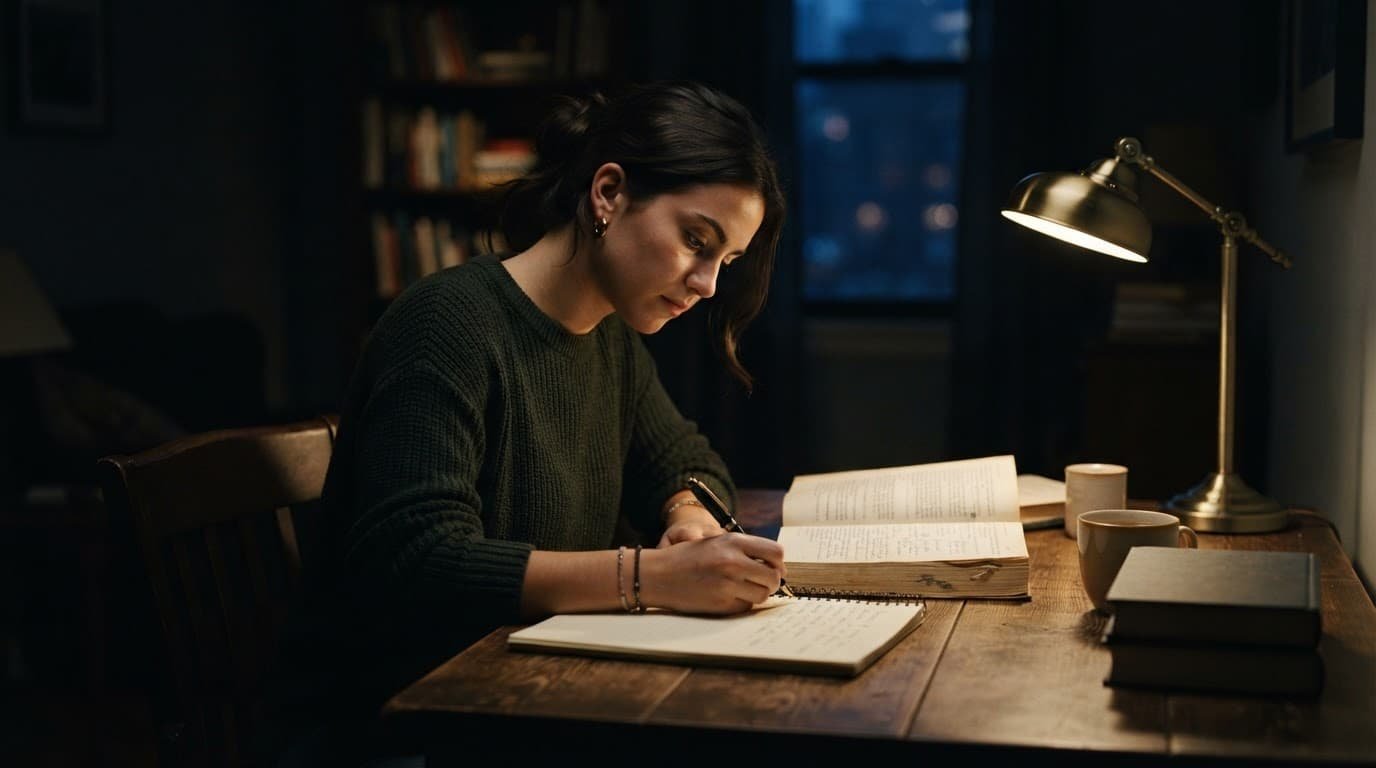 A student studies open books and a notebook at a clean wooden desk.