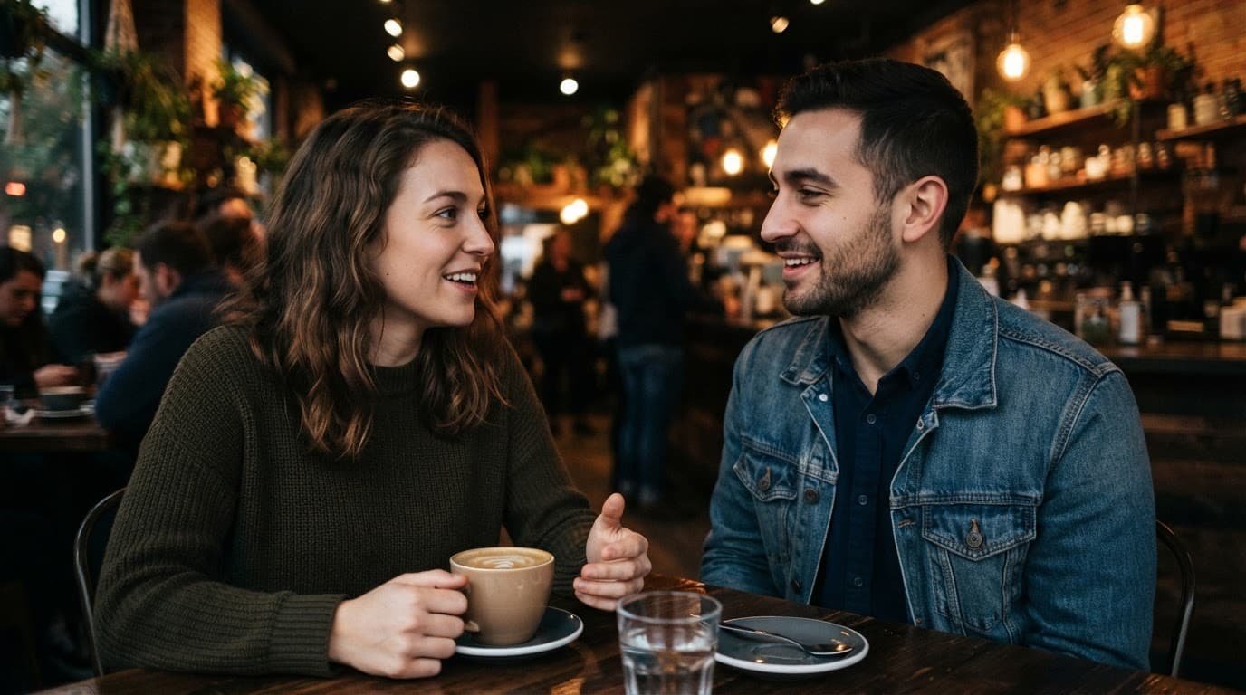 Two people having a relaxed conversation in a bright coffee shop.