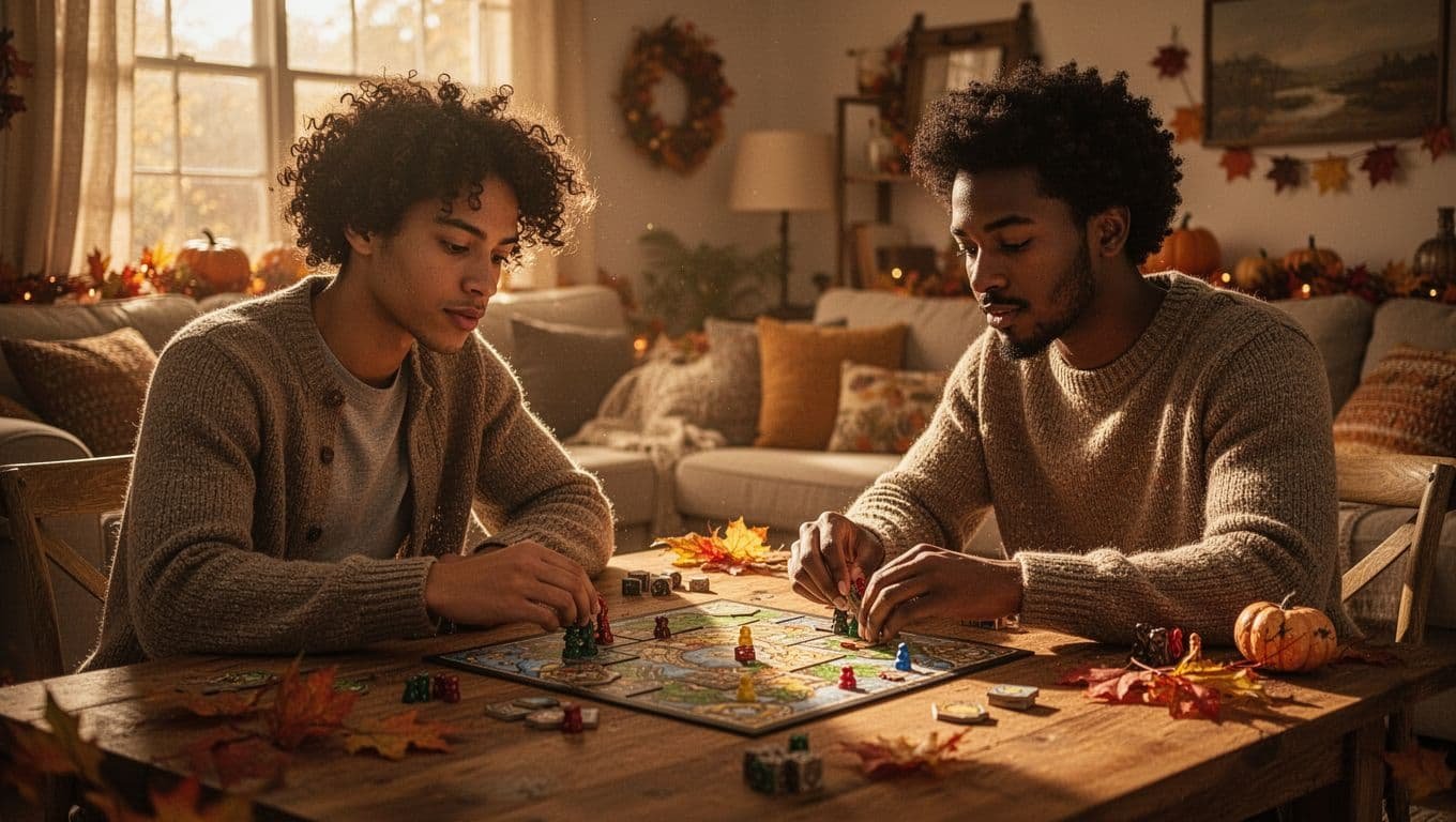 Three friends play a board game around a wooden table with hot drinks.