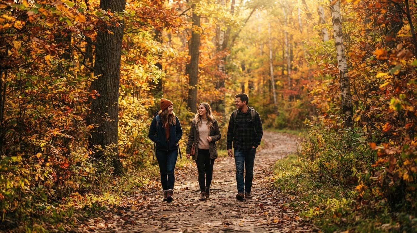 Three friends walking along a sunny trail through colorful autumn trees.