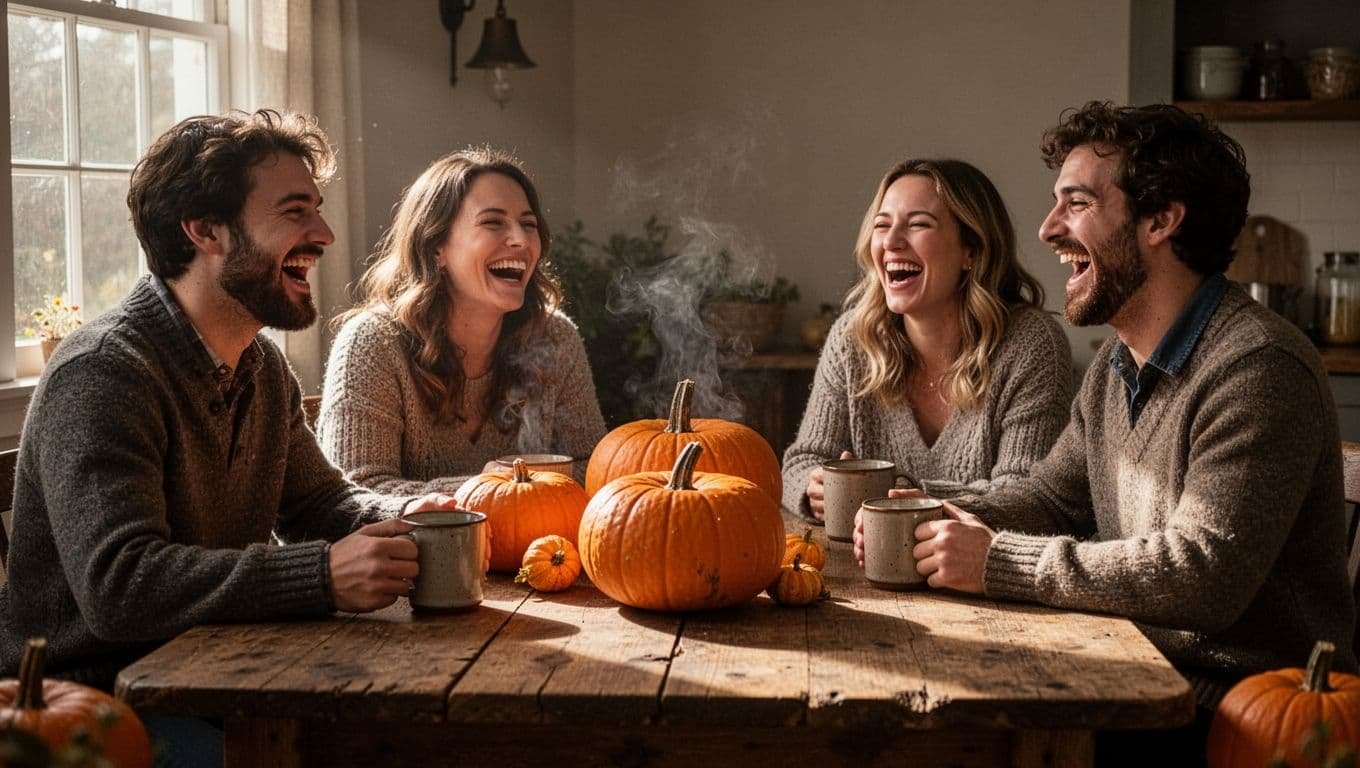 Four friends laughing around a rustic table with pumpkins and warm drinks.