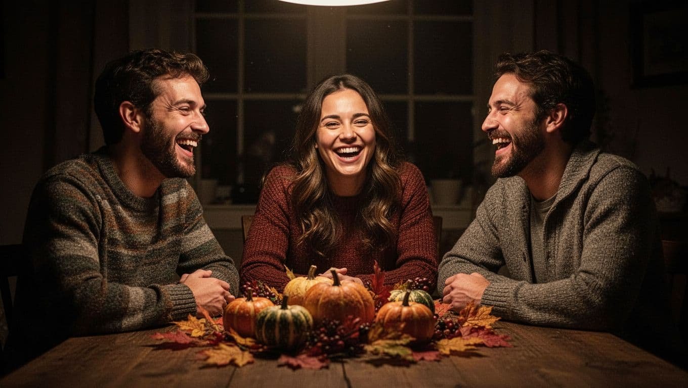 Three friends laughing together around a warmly lit autumn table.