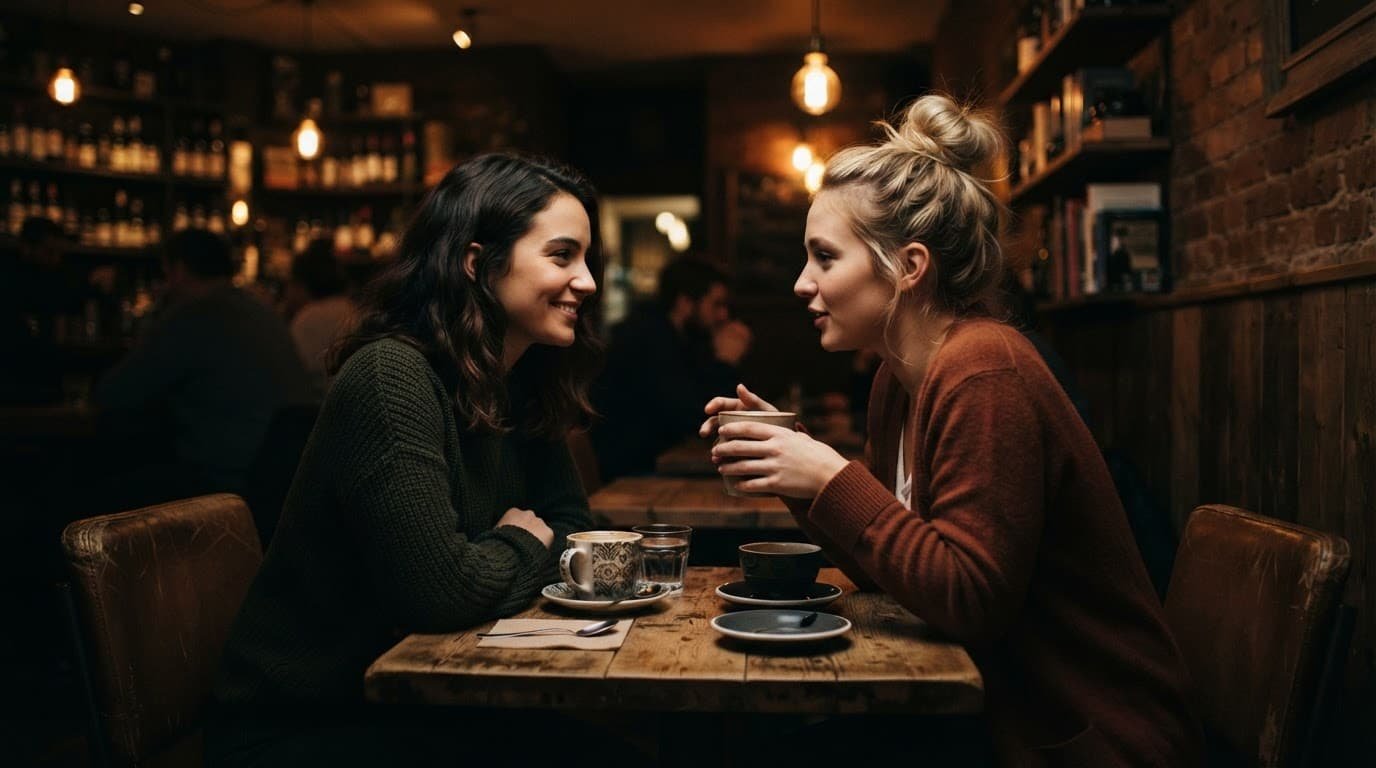 Two friends quietly talking over coffee in a cozy cafe.