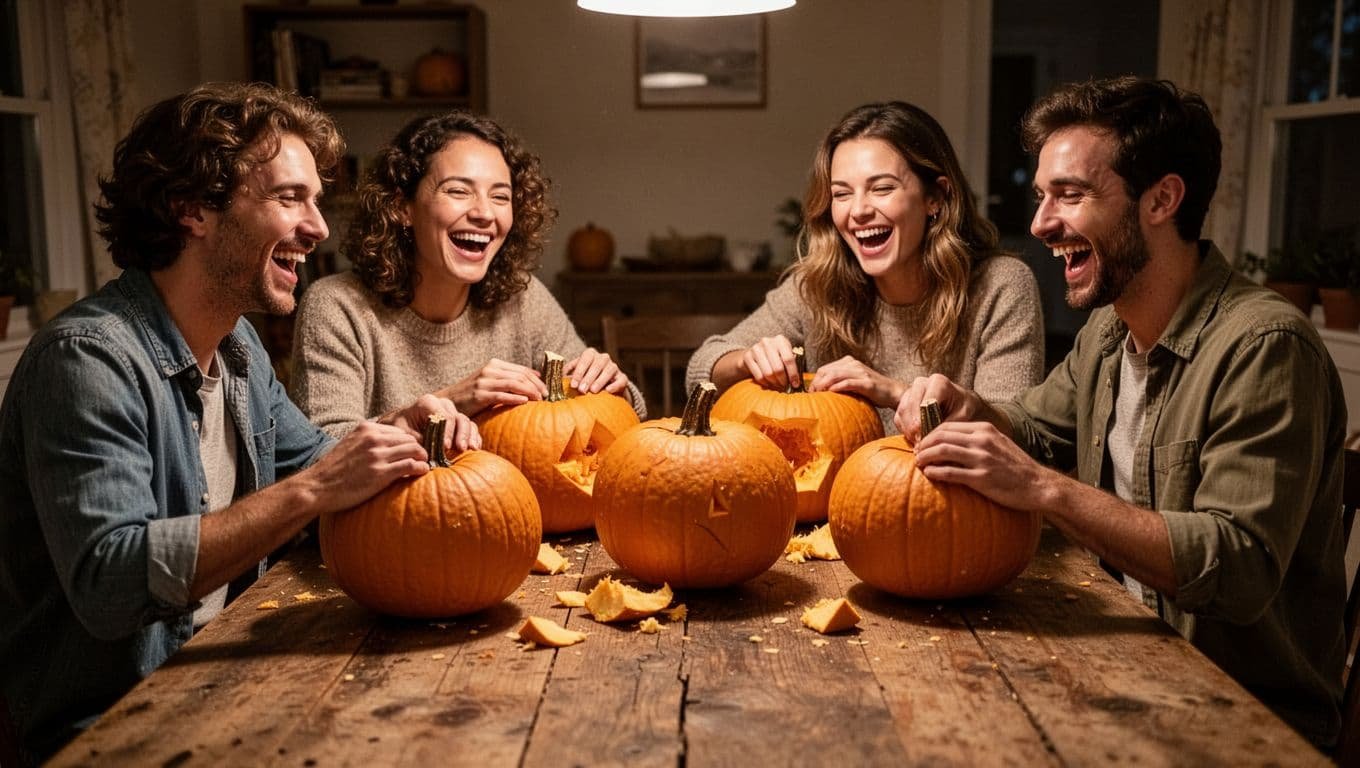 Four friends carve pumpkins together around a wooden table.