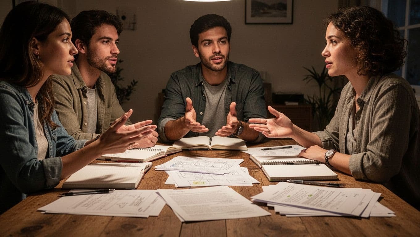 Three friends plan a Halloween party around a table with notebooks and a checklist.