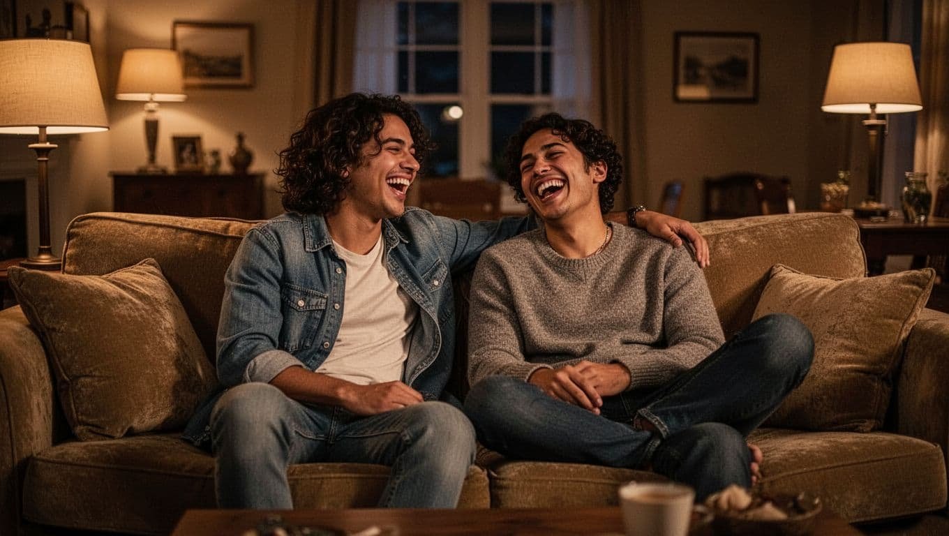 Two friends laugh together on a sofa in a warmly lit living room.