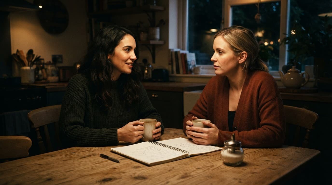 Two friends plan a routine with coffee and a notebook at a kitchen table.