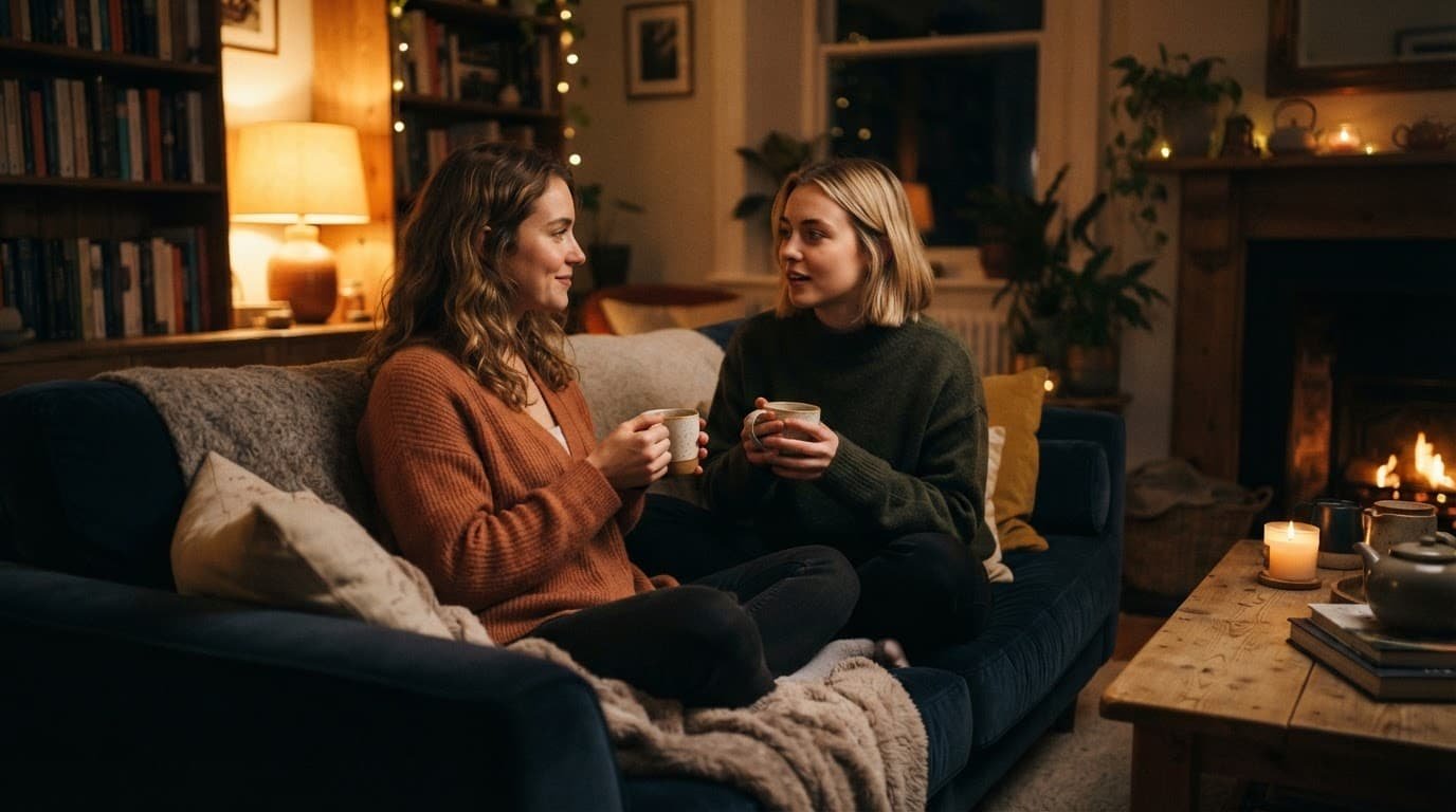 Two friends sit together on a sofa, talking over tea in warm light.