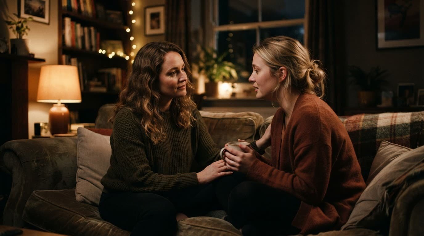 Two friends talk quietly together on a sofa in a warm living room.