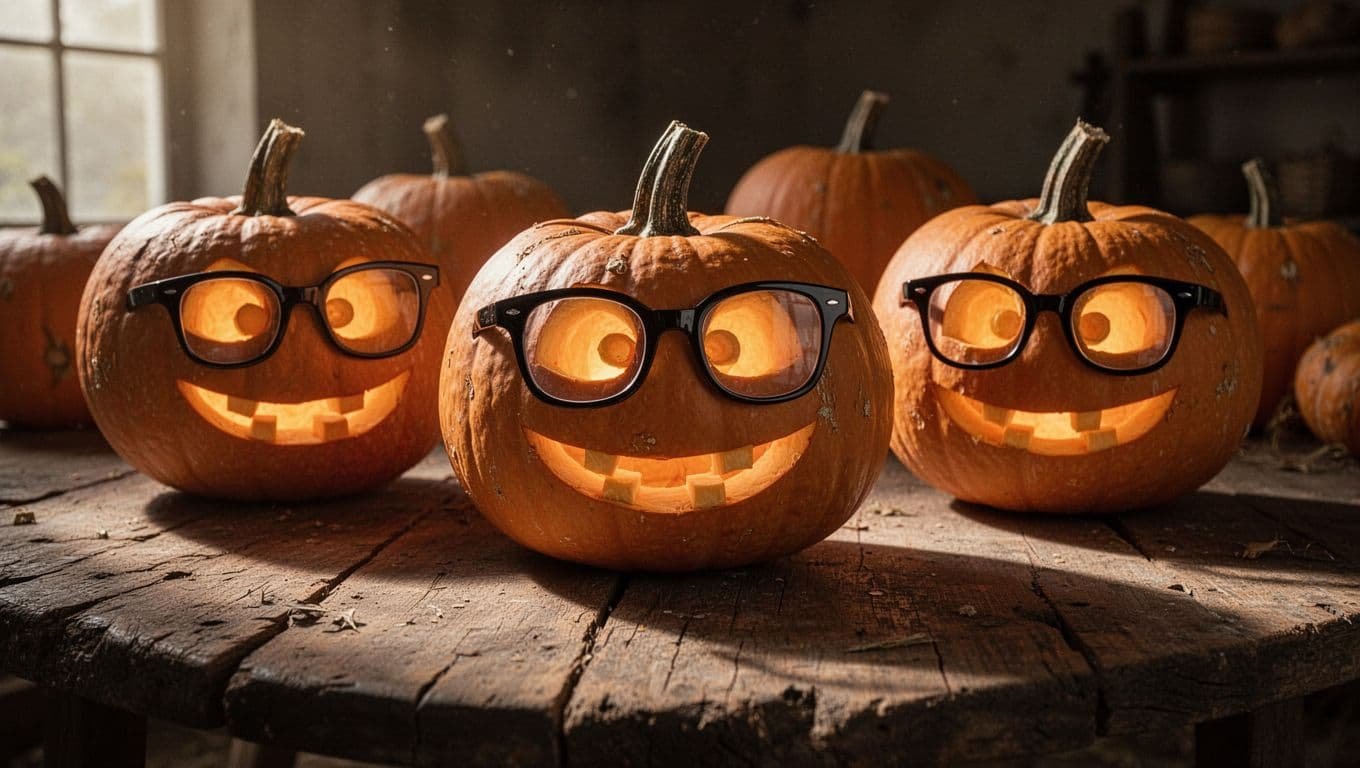 Glowing carved pumpkins wearing funny glasses on a rustic wooden table.