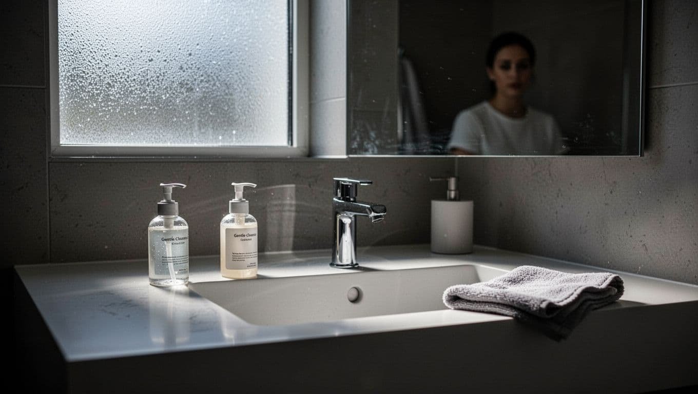A bathroom sink with cleanser and cloth, with one blurred person behind it.