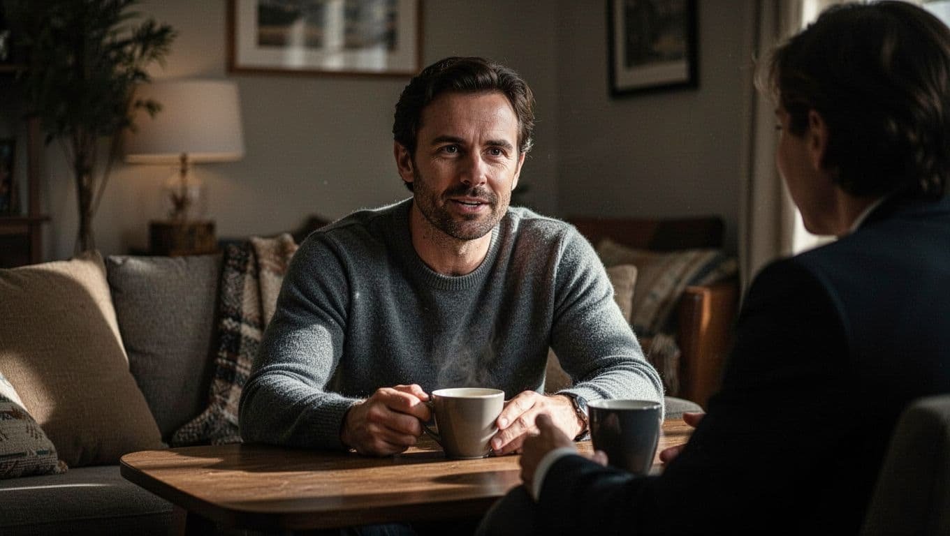 A man having a genuine conversation across a coffee table.