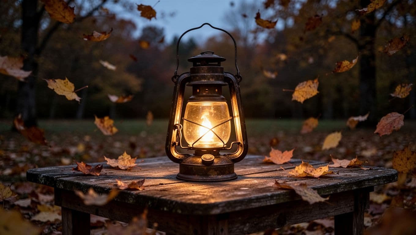 A glowing lantern on a wooden table among autumn leaves.