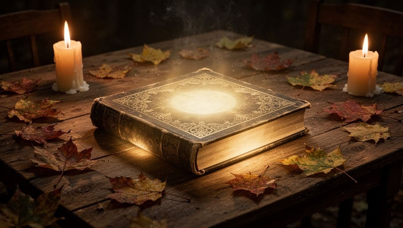 A glowing book surrounded by autumn leaves and candles on a wooden table.